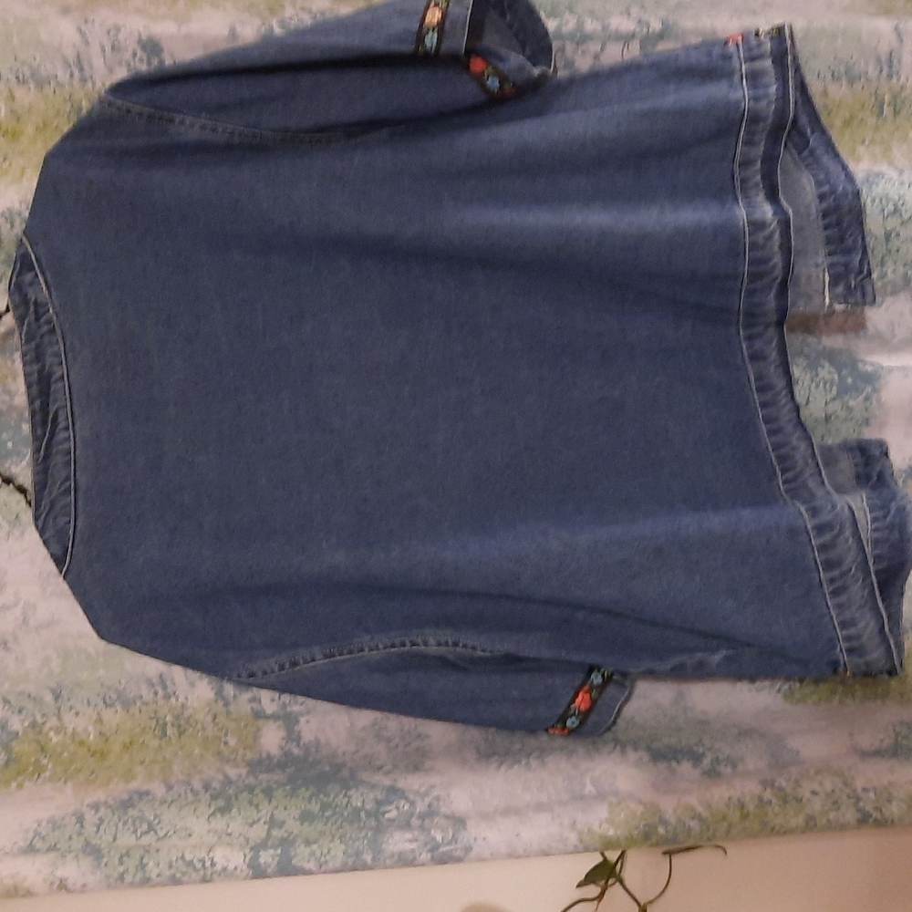 Agape denim button up boho shirt jacket short sleeve multi colored trim sz xl - Picture 7 of 7